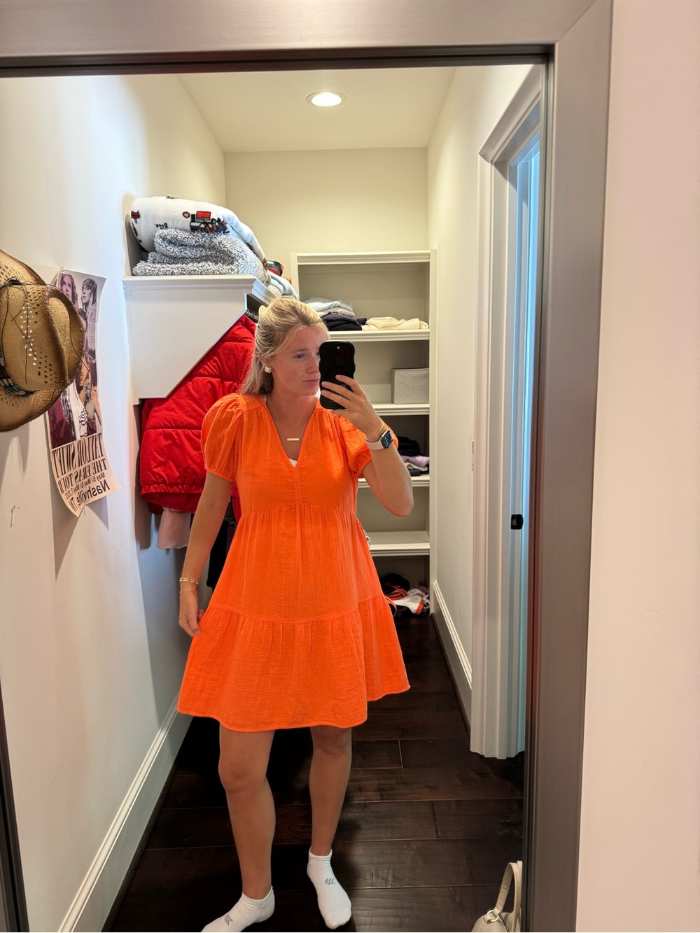 GAP Bright Orange Puff-Sleeve Tiered Mini Dress